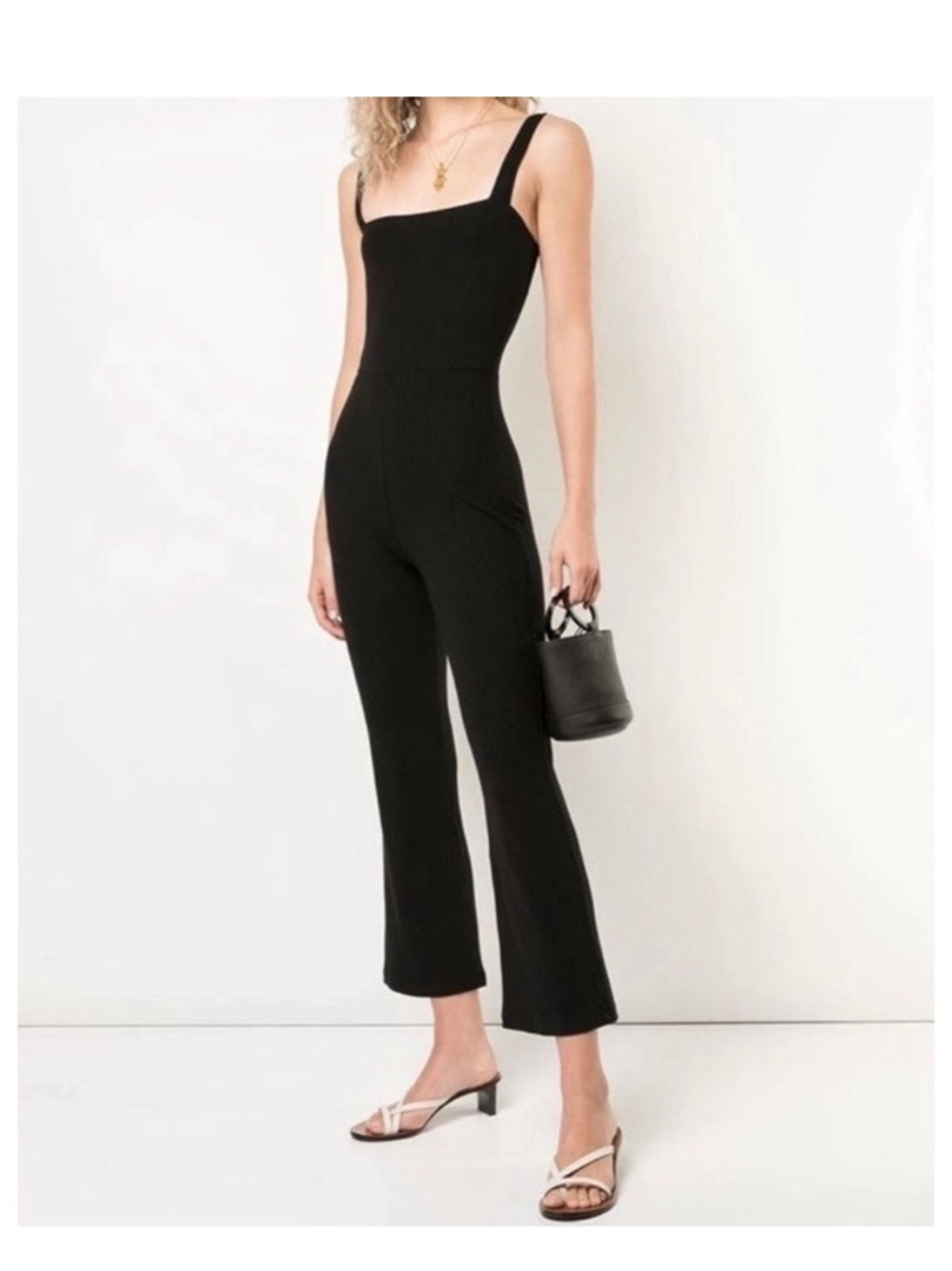 Reformation essie flare crop rib knit black jumpsuit square neckline small